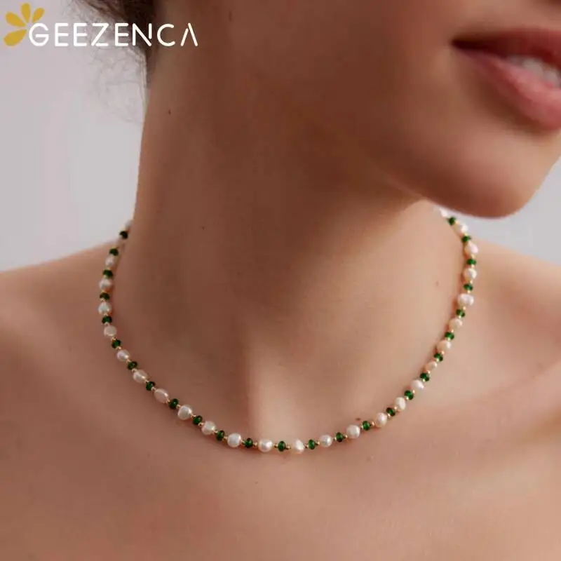GEEZENCA 925 Silver Pearl Green Stone Spaced Beads Strand Chokers Necklace For Women Chic Luxury Multi Layer Necklaces 2024 New