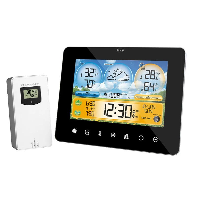 Touch Color Screen Weather Station Forecaster Indoor Outdoor Thermometer Hygrometer with Sensor Multi-function Alarm Clock