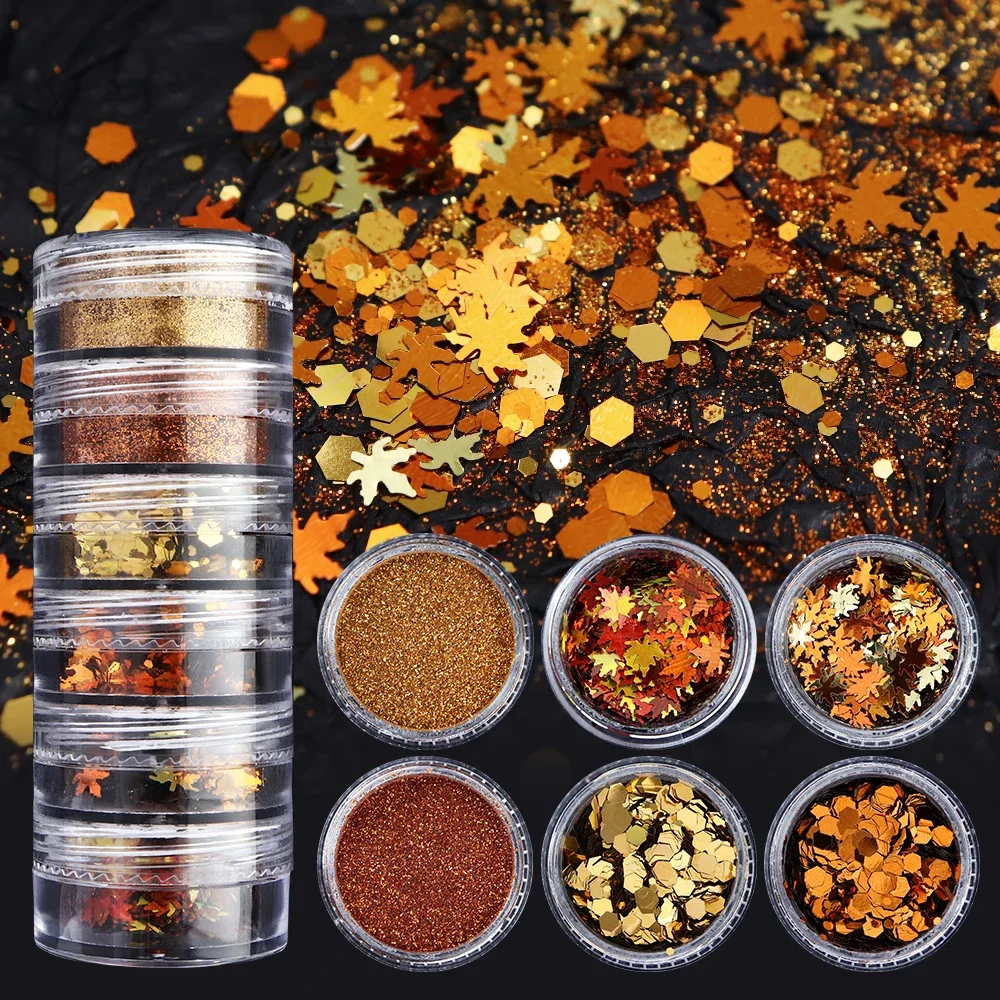 6Pcs/Set Shiny Golden Maple Leaf Nail Glitter Powder Autumn Design Decoration Accessories Fall Nail Supplies For Professional