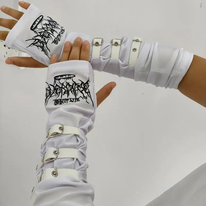 1 Paar schwarze Gothic-Fingerlose-Langhandschuhe mit Stickerei-Design und verstellbaren Schnallen für Halloween, Cosplay, Punk-Party, Streetwear – Detail 6