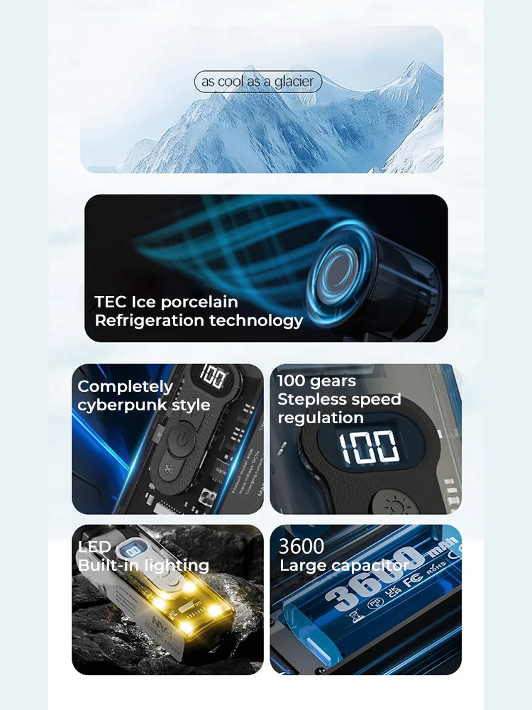 Portable Handheld Fan with Instant Cooling Plate & LED Light,Speed(1-100) Adjustable Turbo Mini Fan,3600mAh Battery Rechargeable