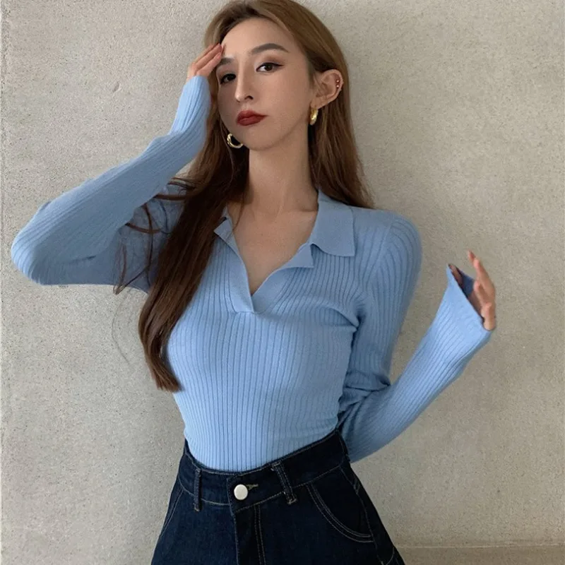 Women Solid Color Lapel Sexy Tight Casual Knitted Long Sleeve Breathable T-Shirts