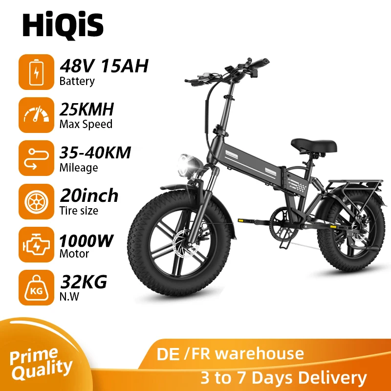 Vélo électrique HiQiS E20 48V 15AH Vitesse maximale 25KMH Autonomie 50KM Vélo électrique pliable avec pneu gras tout-terrain de 20 pouces 7 vitesses