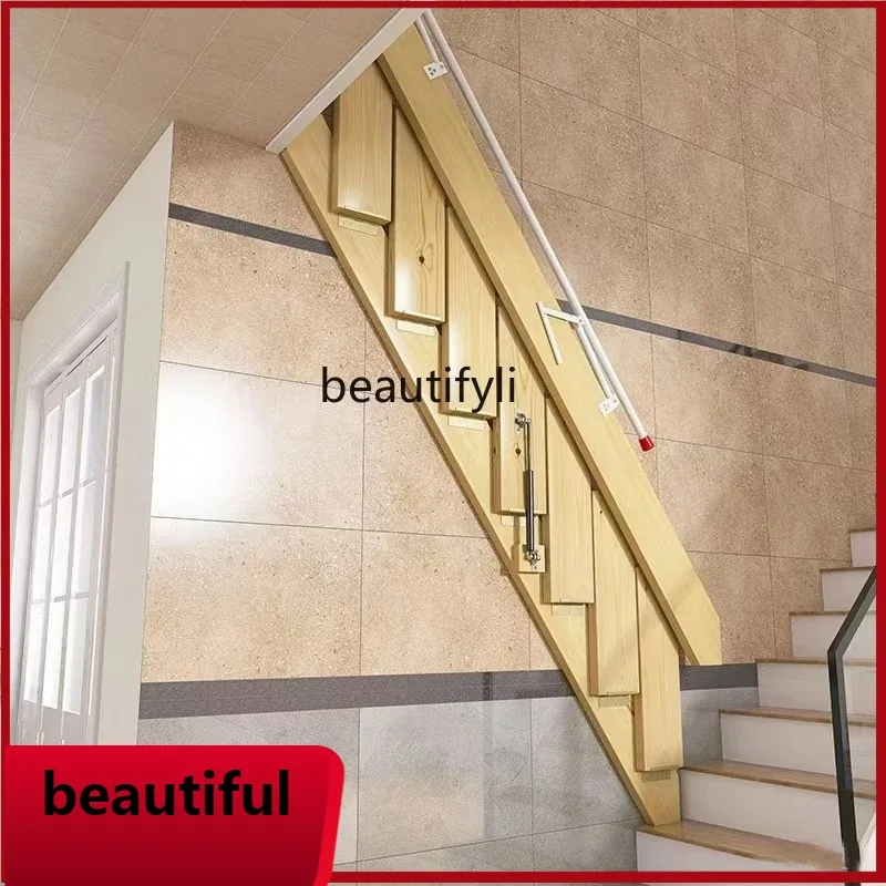 

X Overall, solid wood folding staircase household interior, shrink wall-mounted telescopic ladder