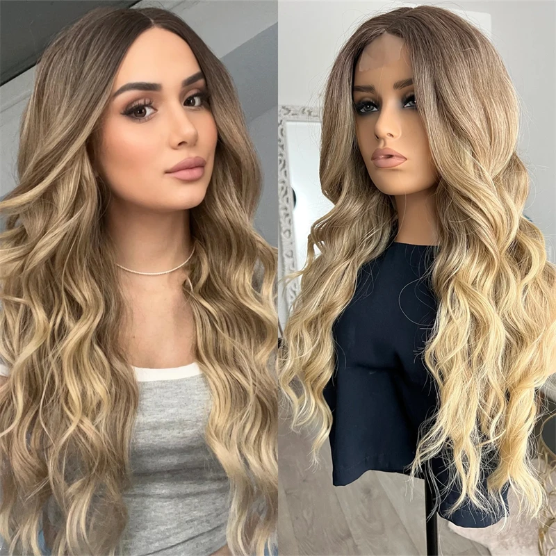 Ombre Blonde with Brown Streaks Synthetic Lace Front Wig Top Swiss HD Transparent Lace Original Factory Cheap Wigs Glueless Wigs
