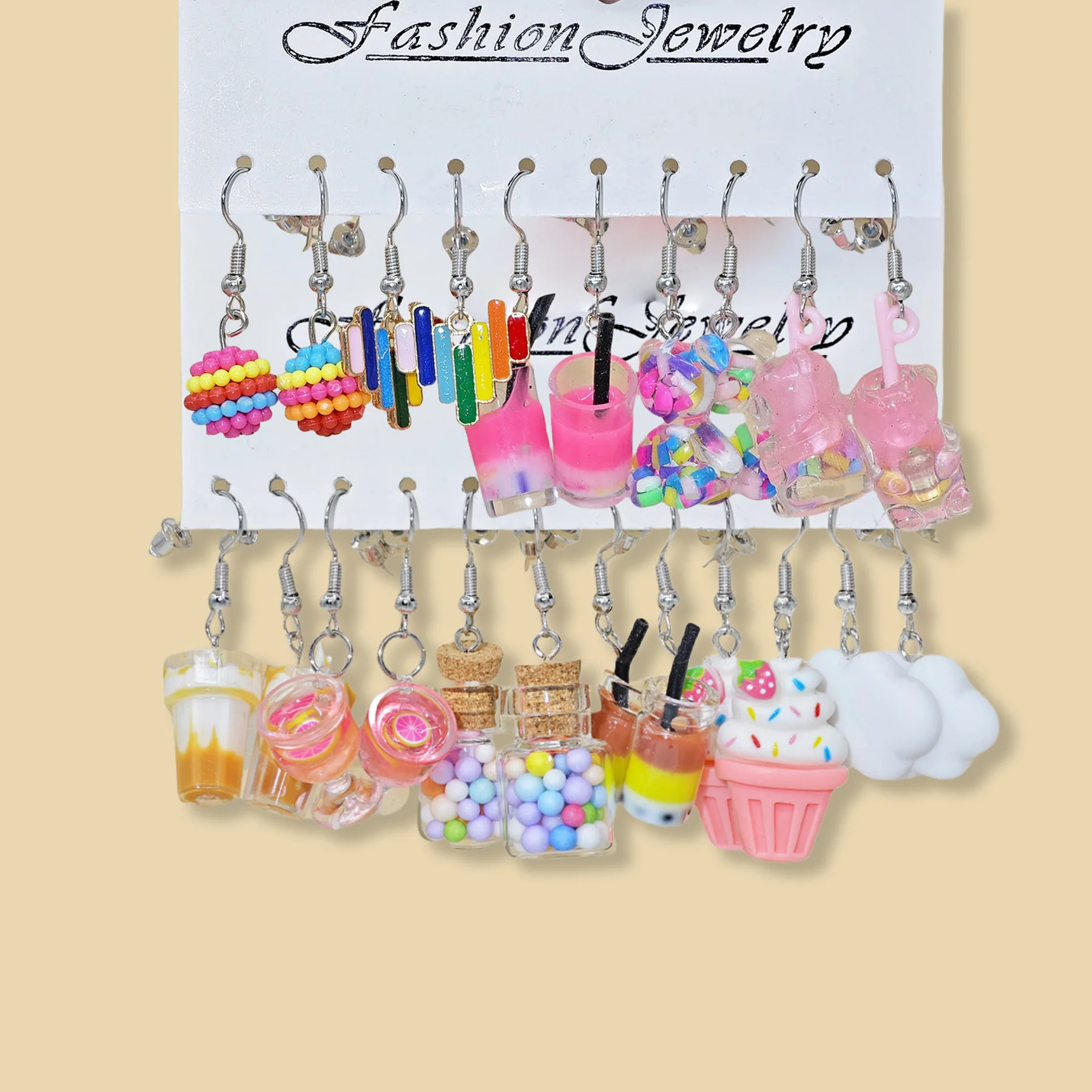 Cross-Border New Style Cute Fresh Earring Set - Cloud, Milk Tea Bottle, Ice Cream, Wine Glass & Drift Bottle Designs