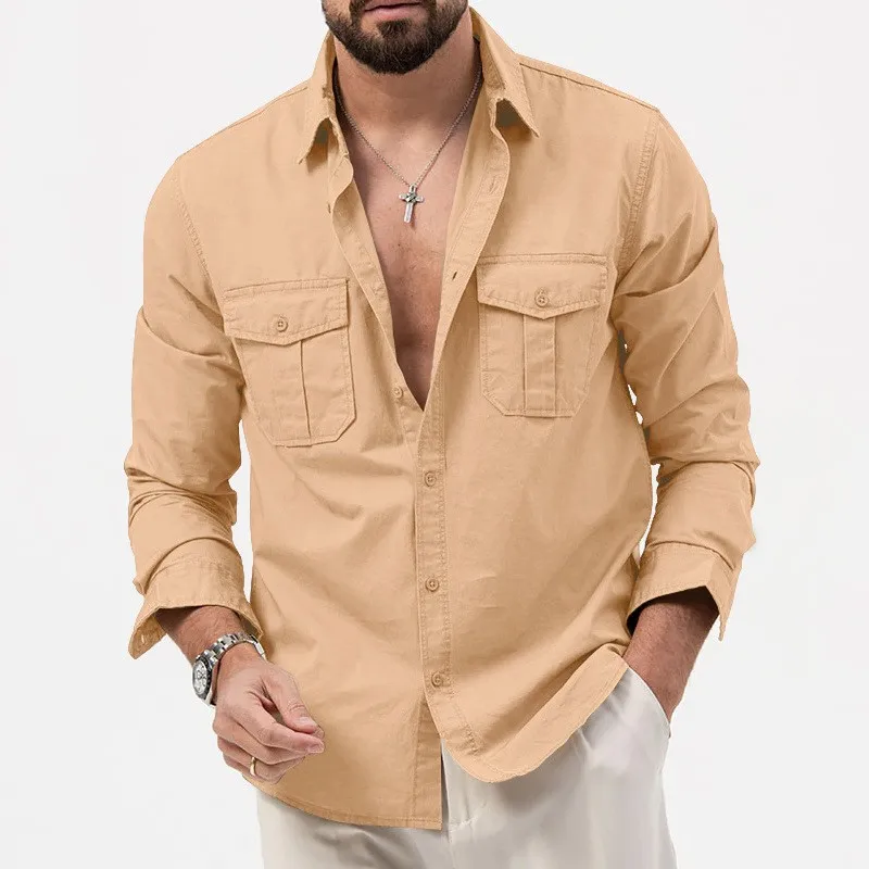 Men's Shirt Long Sleeve Olive Green Shirts Solid Color Two Chest Pockets Button Down Shirt Spread Collar Khaki Casual Shirt