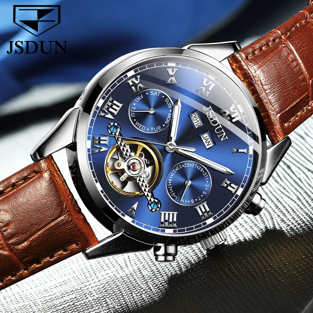JSDUN 8908 Mens Watch Leather Strap Original Business Multifunctional Mechanical Belt Watch﻿ Waterproof Watches For Man Gifts