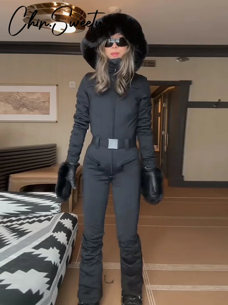 شيك فو الفراء المرقعة المرأة بذلة التزلج عالية حزام خصر سحابات جيب سيدة ملابس التزلج 2025 الشتاء الربيع الإناث رومبير