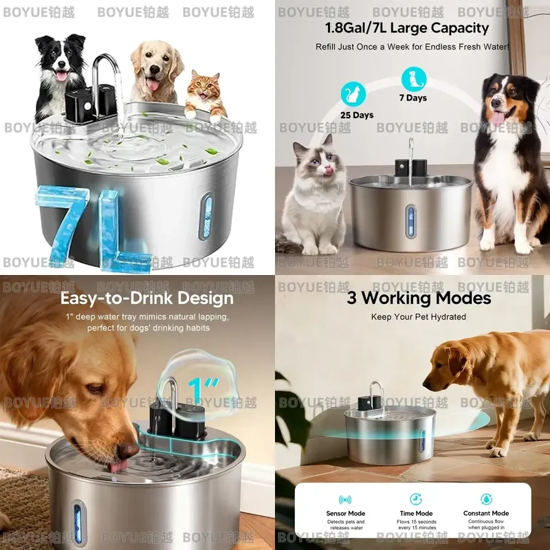 7L/1.8Gal Wireless Charging Sensor Cat Water Feeder Stainless Steel Cat Dog Water Fountain Silent Water Level Window No Plug