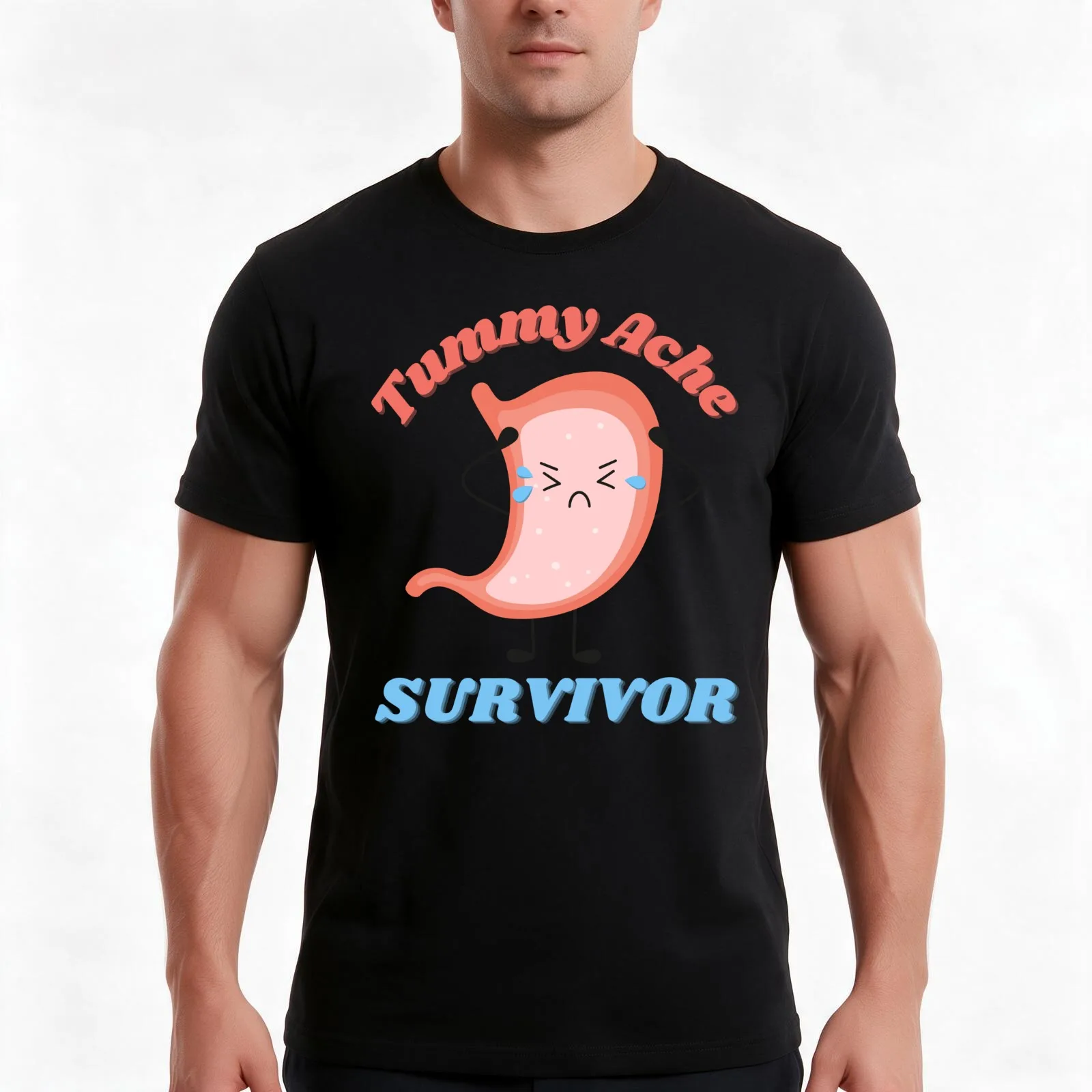Vintage Tummy Ache Survivor Cute Kawaii T-Shirt, Summer Casual Cotton Tee, Oversized Streetwear Tops, Vintage Graphic Print