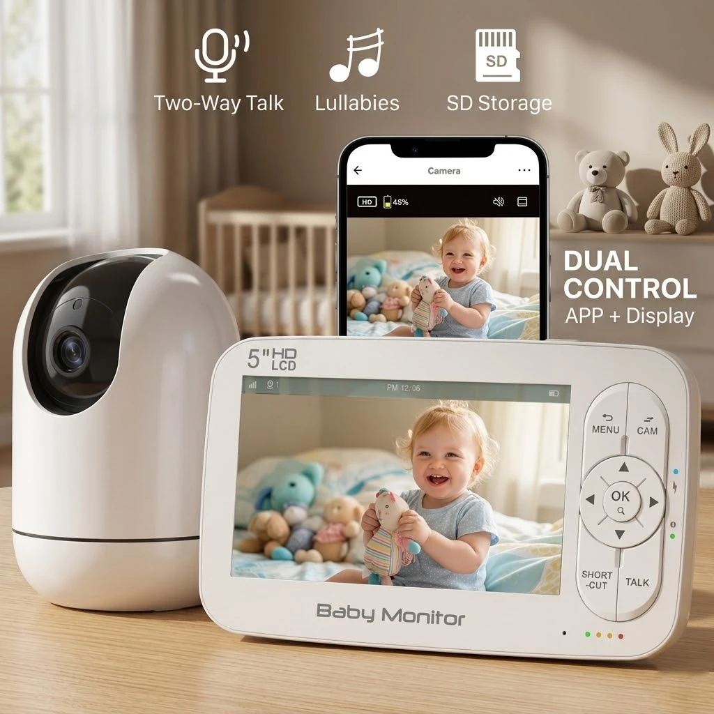 Caméra de surveillance vidéo HD pour bébé de 5 pouces, grand écran, application intelligente Tuya, vision à distance, audio bidirectionnel, vision nocturne infrarouge, surveillance de la température ambiante, caméra de bébé sans fil pour chambre d'enfant, chambre à coucher, maison, voyage, sécurité familiale