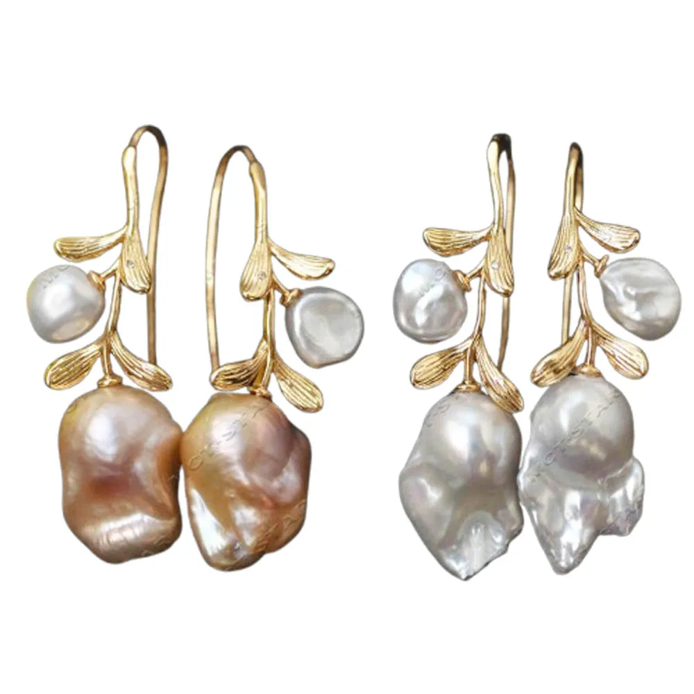 Z14721 21mm White Pink Baroque Keshi Pearl Lily Of The Valley Golden Branch Dangle Earring