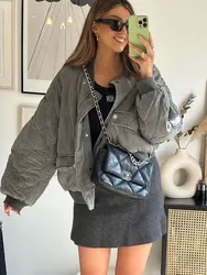 HH Women's Casual Grey Bomber Jacket Solid Spliced ​​Cotton Long Sleeves Pocket Loose Winter Retro Women's Versatile Coats