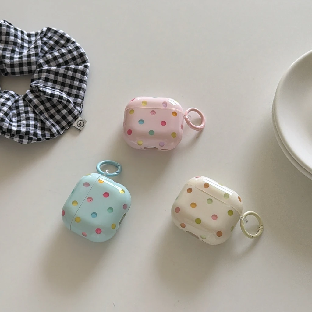 Spring Summer Dopamine Girly Style Colorful Polka Dots Glossy With Hook Earphone Cover Case for AirPods 1 or 2 3 4 5 Pro 2 Pro 3