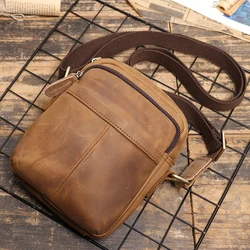 Leathfocus Men's Leather Shoulder Bag Vintage Simple Vertical Phone Bag Cowhide Sling Bag Satchel Bag 7.9-inch iPad Bag