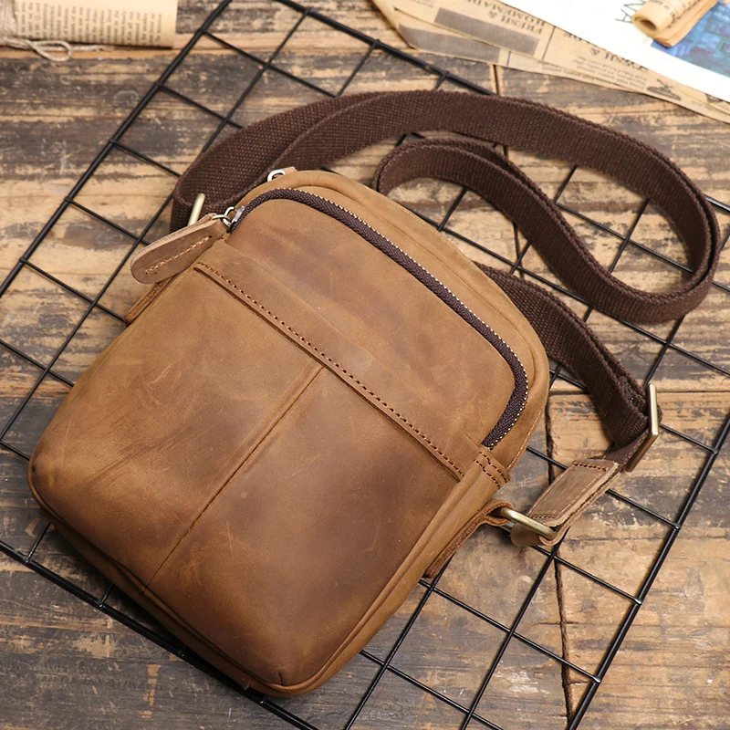 Leathfocus Men's Leather Shoulder Bag Vintage Simple Vertical Phone Bag Cowhide Sling Bag Satchel Bag 7.9-inch iPad Bag