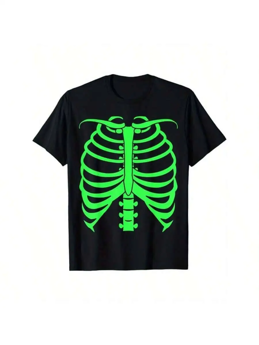 Skeleton Print Graphic Tee Outdoor Clothes, Men's Clothing, Short Sleeve Crew Neck T-Shirt, Tops Men, 100% Cotton Trendy Y2K