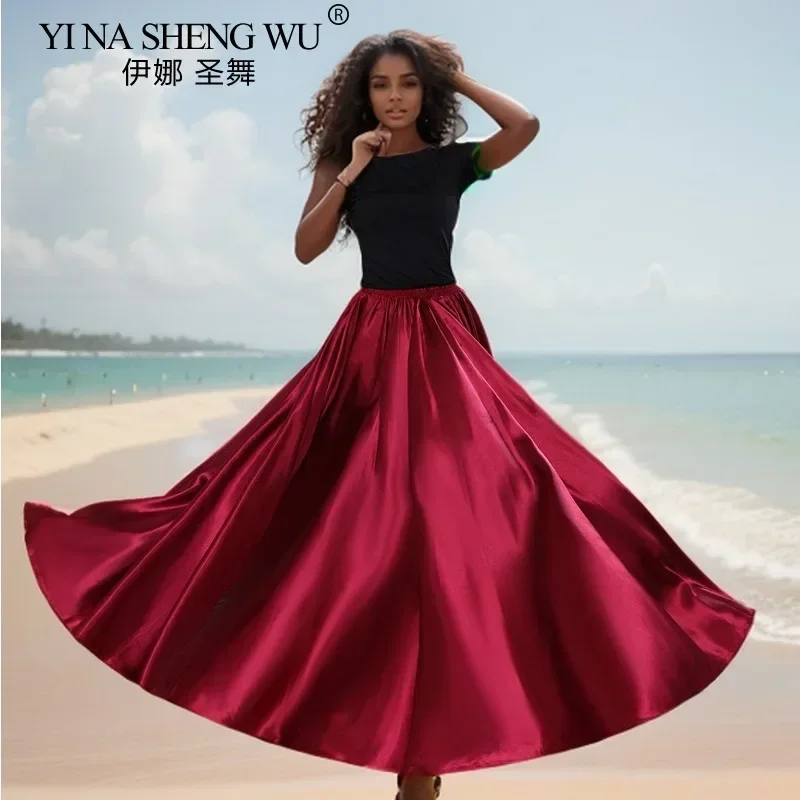 Falda larga española de satén brillante, falda de baile oscilante, falda de danza del vientre, falda para el sol, actuación de danza del vientre, falda de satén de 360 grados