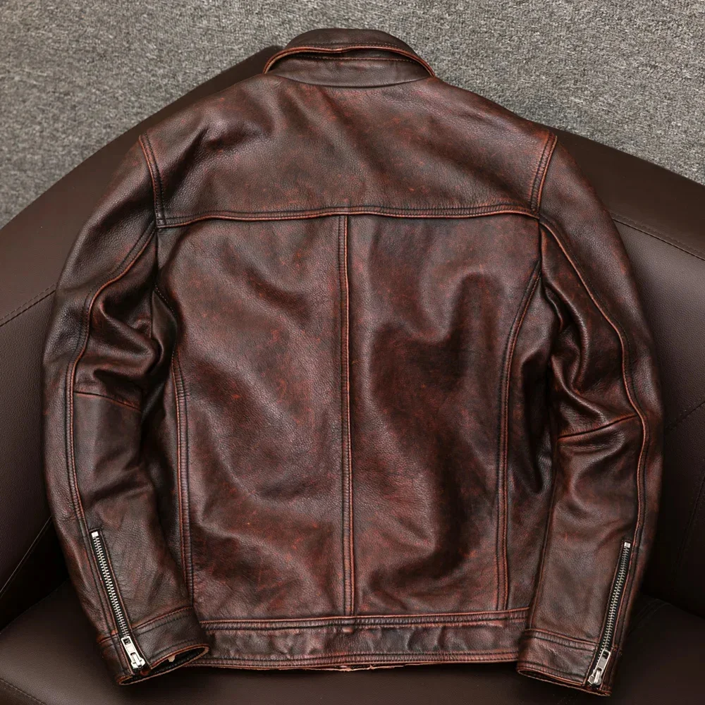 Free Shipping! Red Brown Vintage Leather Jacket Men's Top Oversized Motorcycle Slim Coat