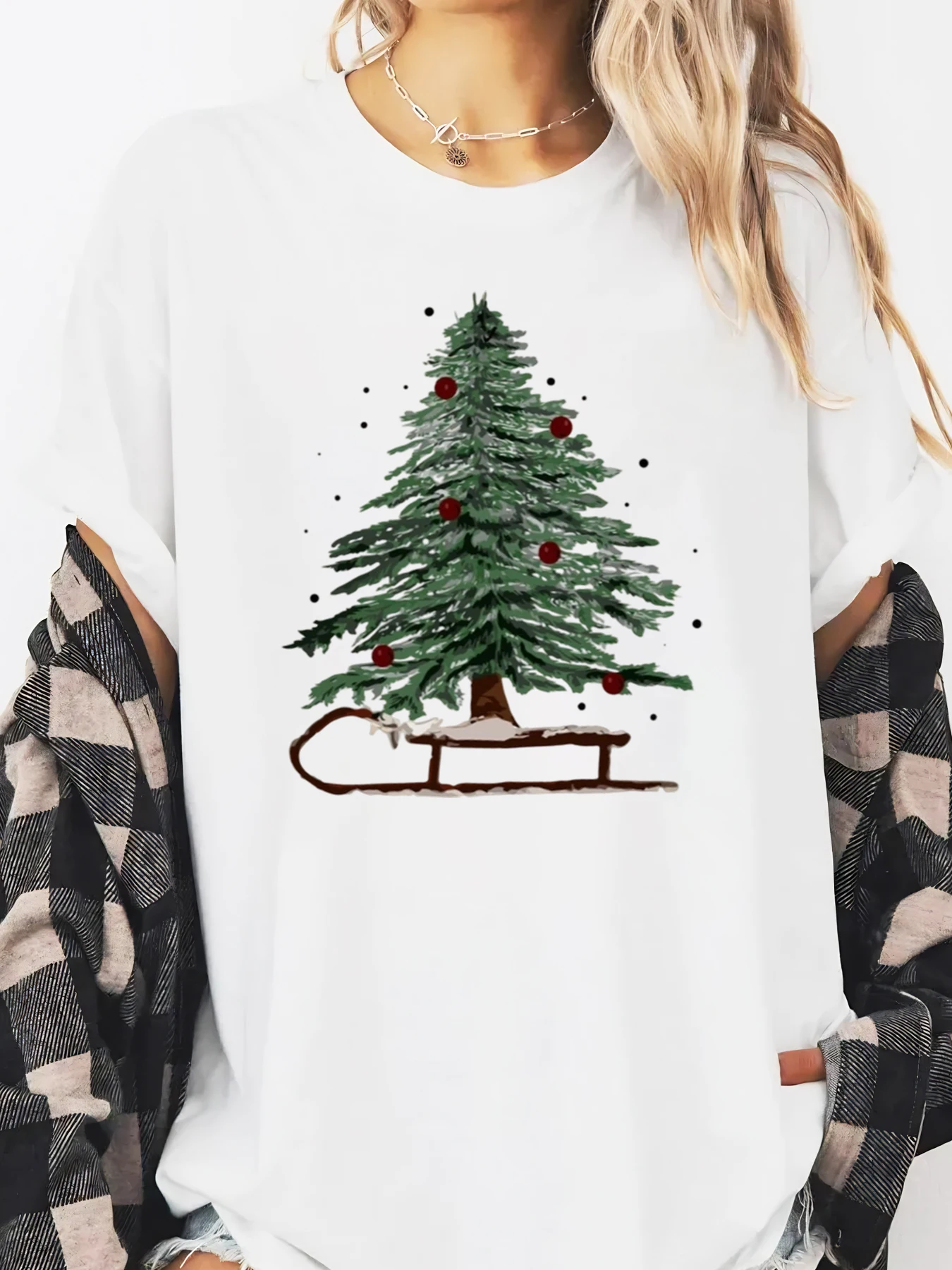 크리스마스 트리 썰매 프린트 홀리데이 티셔츠 여성 캐주얼 겨울 의상 화이트 플러스 사이즈