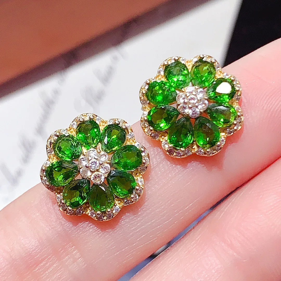 S925 Sterling Silver Natural Diopside Stud Earrings, Water‑drop Flower Shape Earrings Elegant Fine Jewelry Gift for Women