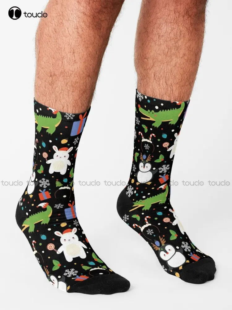 African Animals And Penguin Celebrate Christmas Socks Soft Socks Personalized Custom Unisex Adult Teen Youth Socks Custom Gift