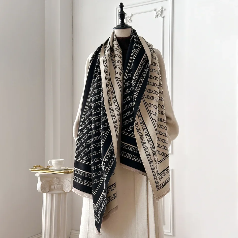 2025 겨울용 여성용 캐시미어 스카프 체인 프린트 파시미나 숄 랩 넥커치프 여성용 부판다 에샤르프 디자인 헤드밴드