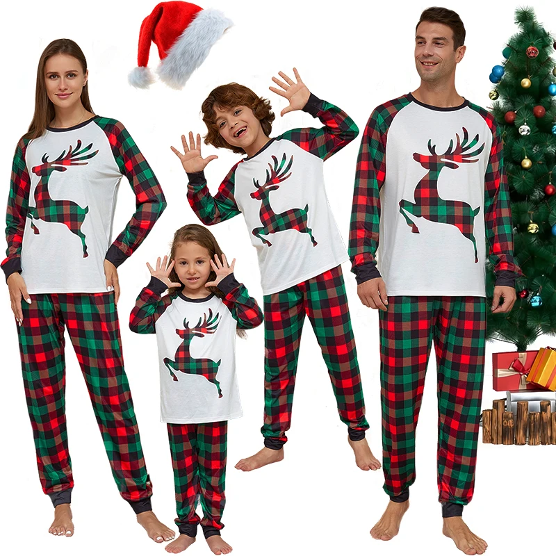 

Xmas Elk Print Tops Plaid Pants Christmas Pajama Set Matching Outfits for the Whole Family Pajamas Mother Kids Baby Dog Clothes