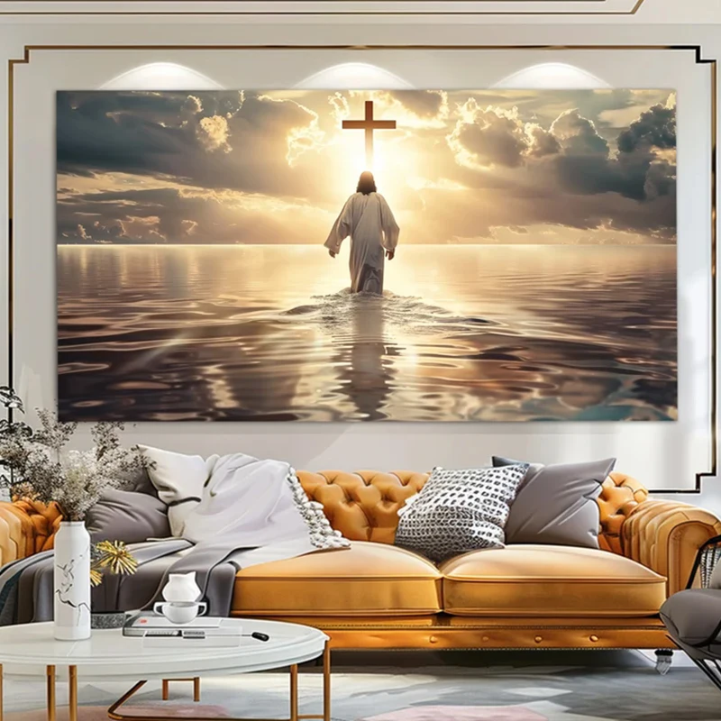 Watercolor Jesus Christ Walking on Water Religious Seascape Poster Canvas Painting Wall Art Pictures Home Room Decor Gift