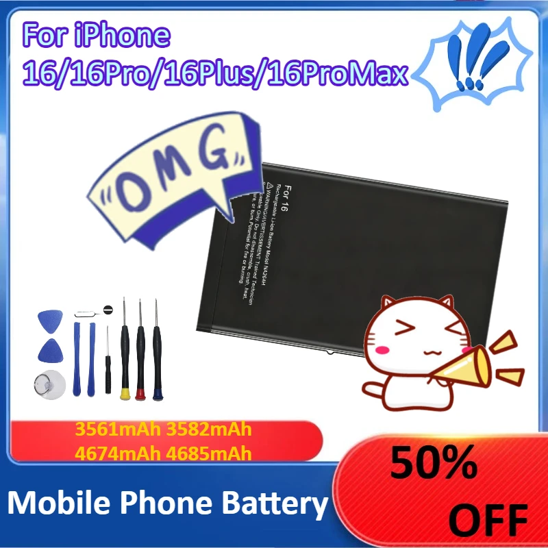 

New 3561mAh 3582mAh 4674mAh 4685mAh Mobile Phone Battery For iPhone 16/16Pro/16Plus/16ProMax Replacement Battery +Tools