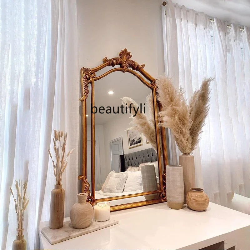 

X Bathroom Mirror Carved Vanity Table Entrance Bathroom Retro Fireplace Background Wall Decorative Makeup Mirror
