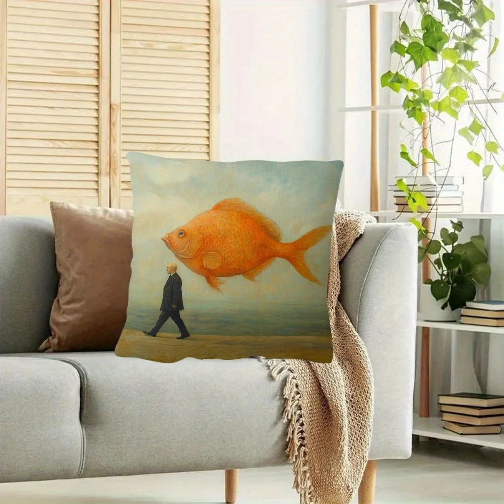 Surreal Goldfish Man Pillow Cover Walking Giant Orange Fish Art Print 18x18 Inch Square Modern Home Decor