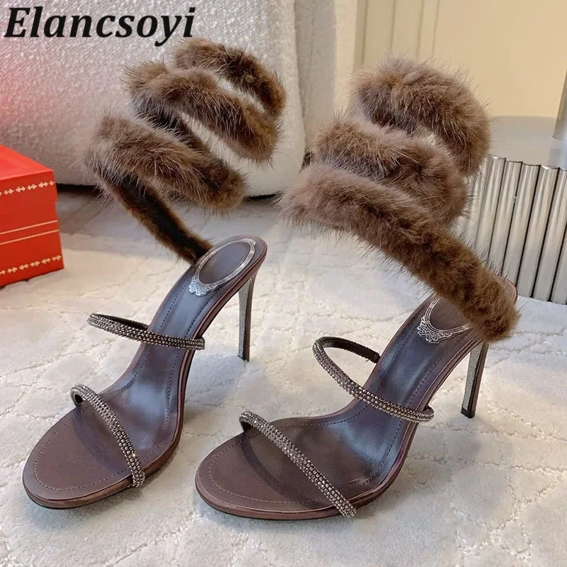 Sandalias Women Mink Fur Ankle Strap Snake Twine Around Prom Party Shoes Summer Sexy Stiletto Rhinestone High Heels Sandals