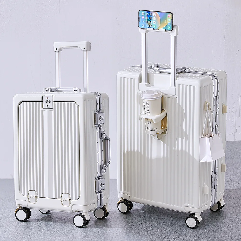 Front Opening Pocket Suitcase with Aluminum Alloy Frame Lock Trolley Bags Travel Rolling Luggage USB Charging Plug Spinner Wheel