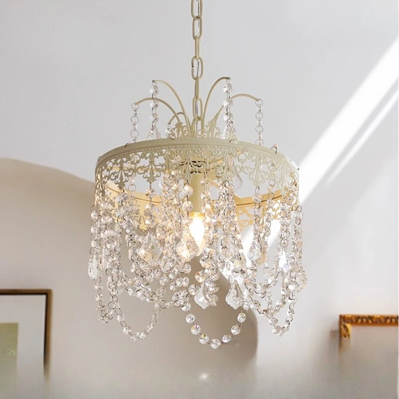 French Style Cream Crystal Chandelier Romantic Milk White Ceiling Light for Bedroom Walk In Closet Princess Room Modern Elegant