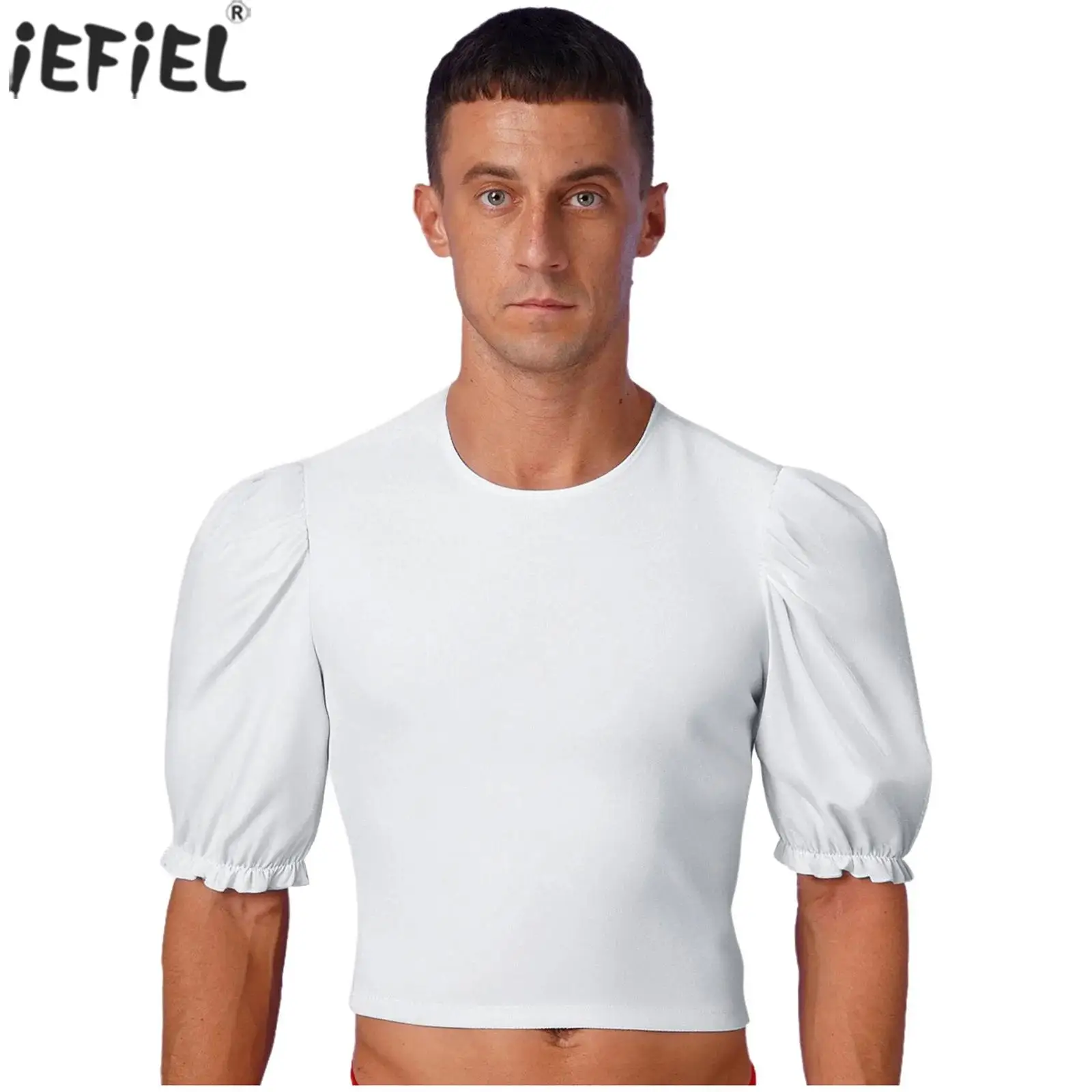 

Men Ballet Dance Velvet Tops Stylish Half Sleeve Ruffled Cuffs Pullover Baselayer Shirt Tops Medieval Ballet Prince Dancewear