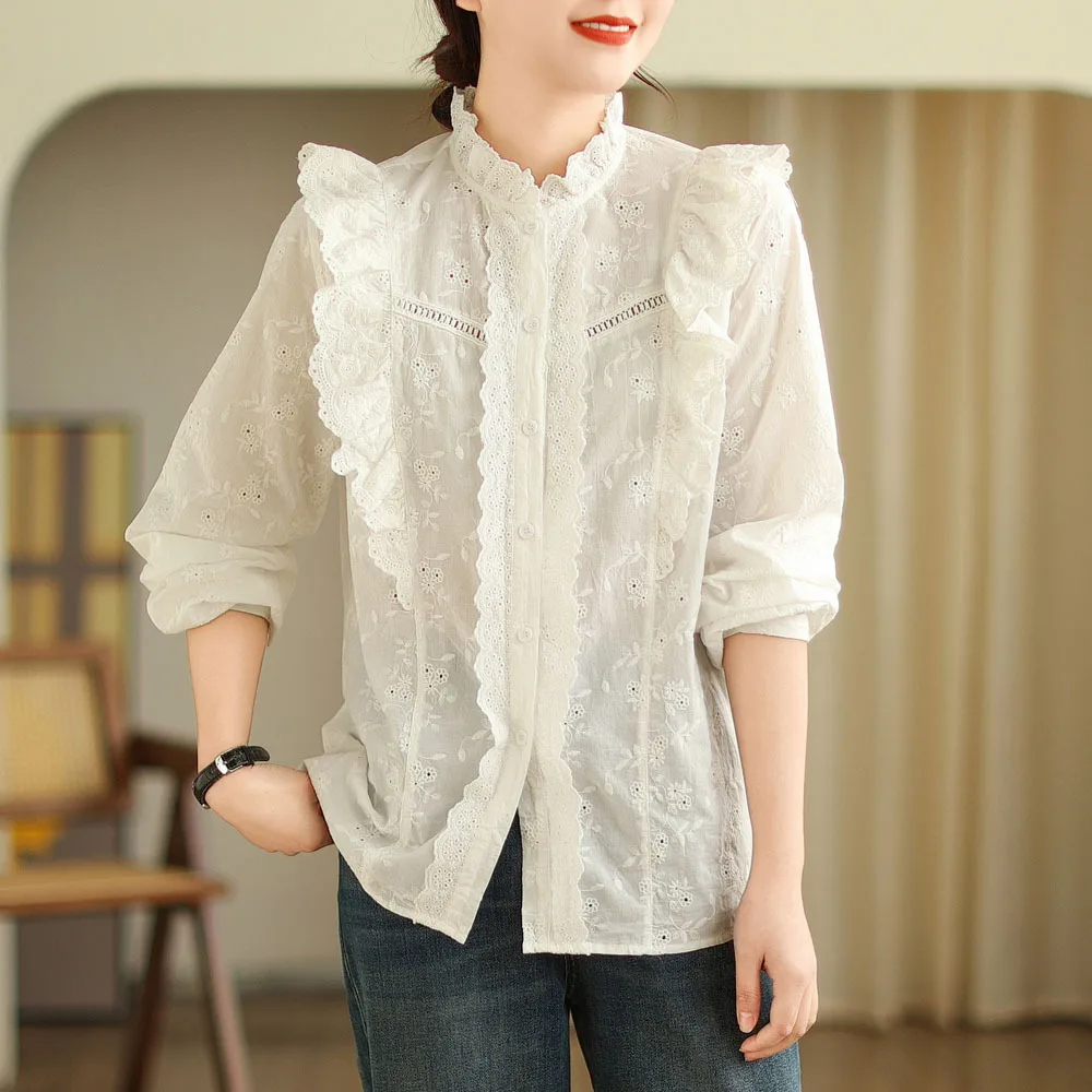 Japan Style Sweet Lolita Ruffles Embroidery Cotton Shirts Women Spring Summer Stand Collar Long Sleeve Casual Loose Blouse