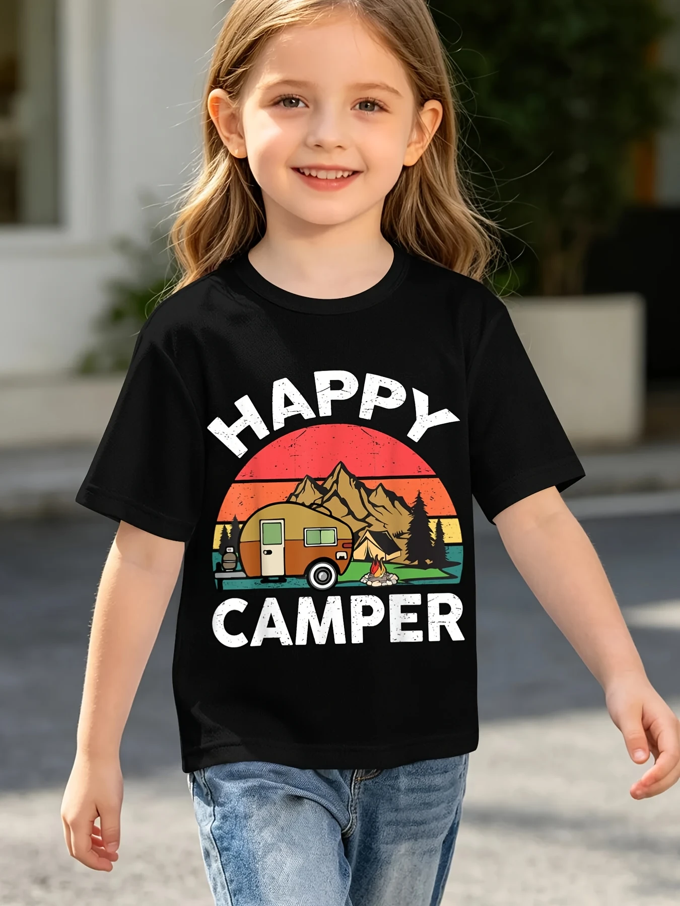 Happy Camper Camper Van Sunset Print T Shirt Boys Girls Camping Short Sleeve Tee Family Matching Kids Casual Cotton Tops