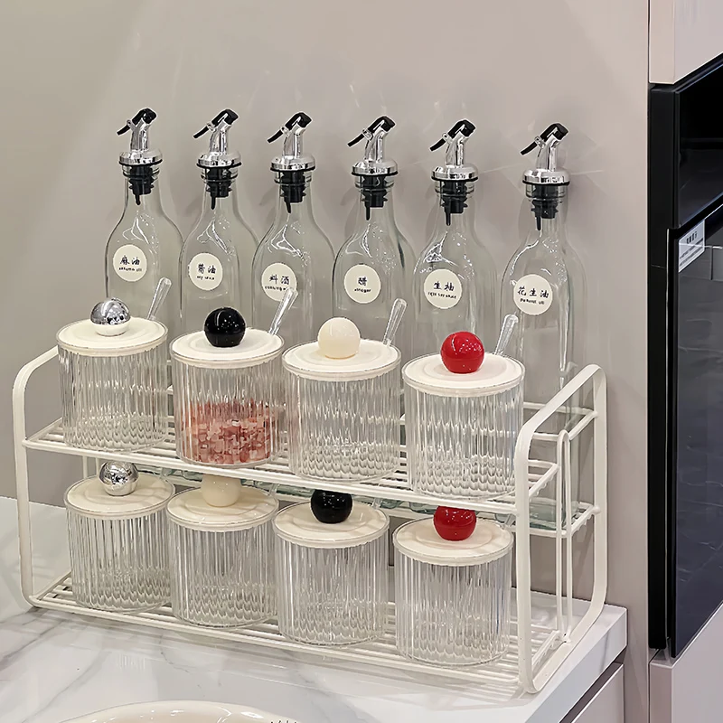 2025 Upgraded Condiment Containers Set - Cream Color Spice Rack with Oil/Vinegar Bottle Storage, Kitchen Pantry Essentials