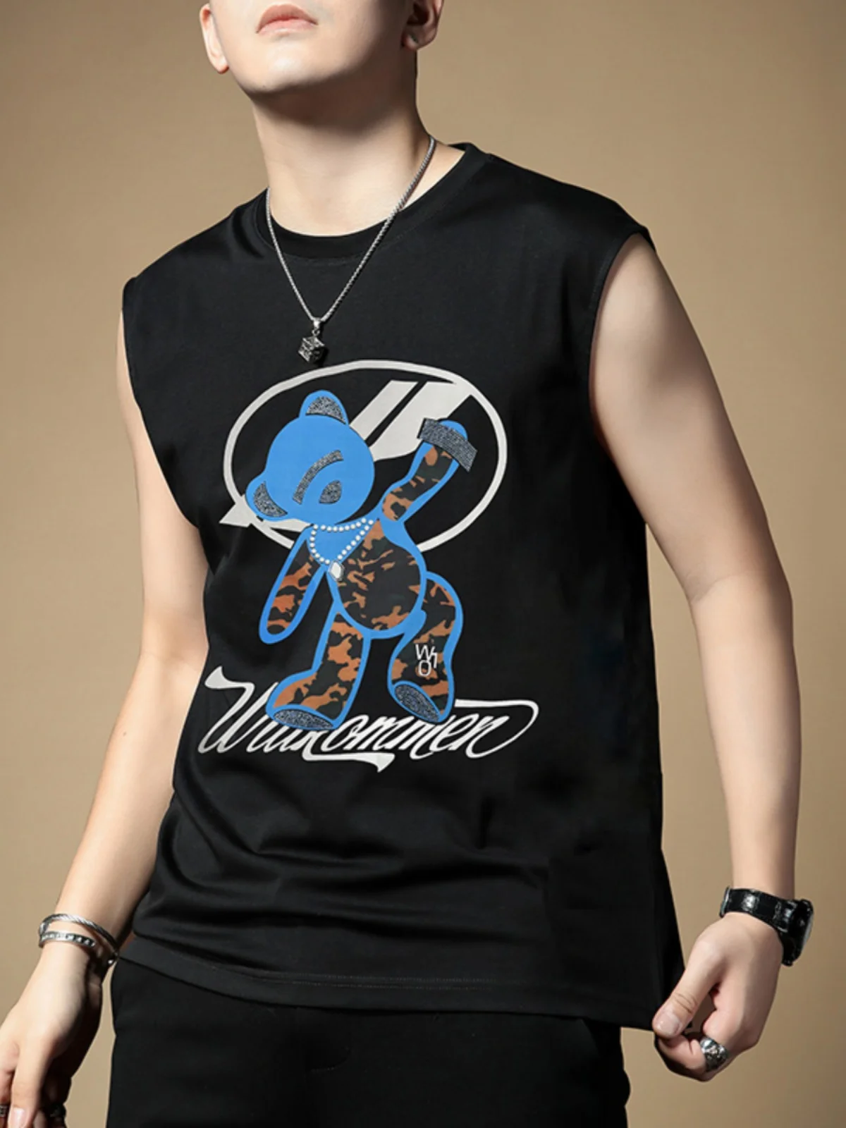 

Summer New Men's Vest 2026 round Ne Svel Bear Print T-irt Youth Faion Stand Fit Cotton Polyester Blend