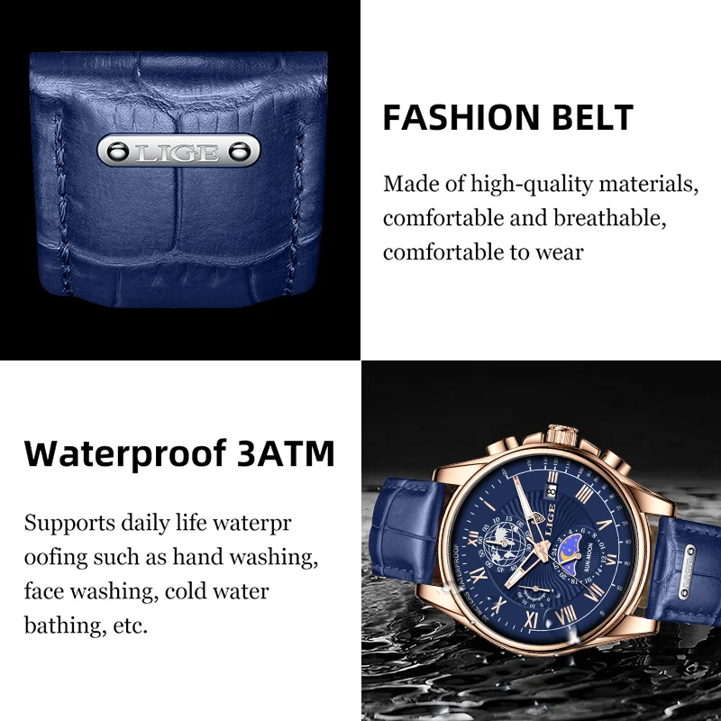 Blue Watch LIGE Men Luxury Watch Leather 30M Waterproof Sports Quartz Wristwatch Chronograph Watch for Men Relogio Masculino+Box