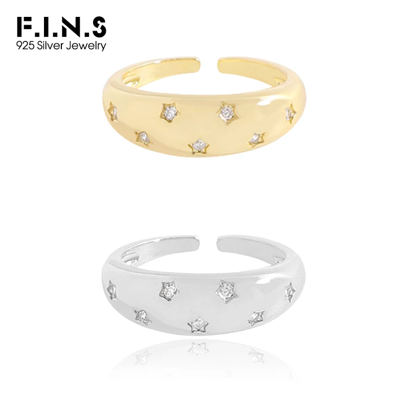 F.I.N.S Korean Pure S925 Sterling Silver Zircon Star Rings Texture Arc-Shaped Smooth Open Adjustable Finger Fine Jewelry Gifts