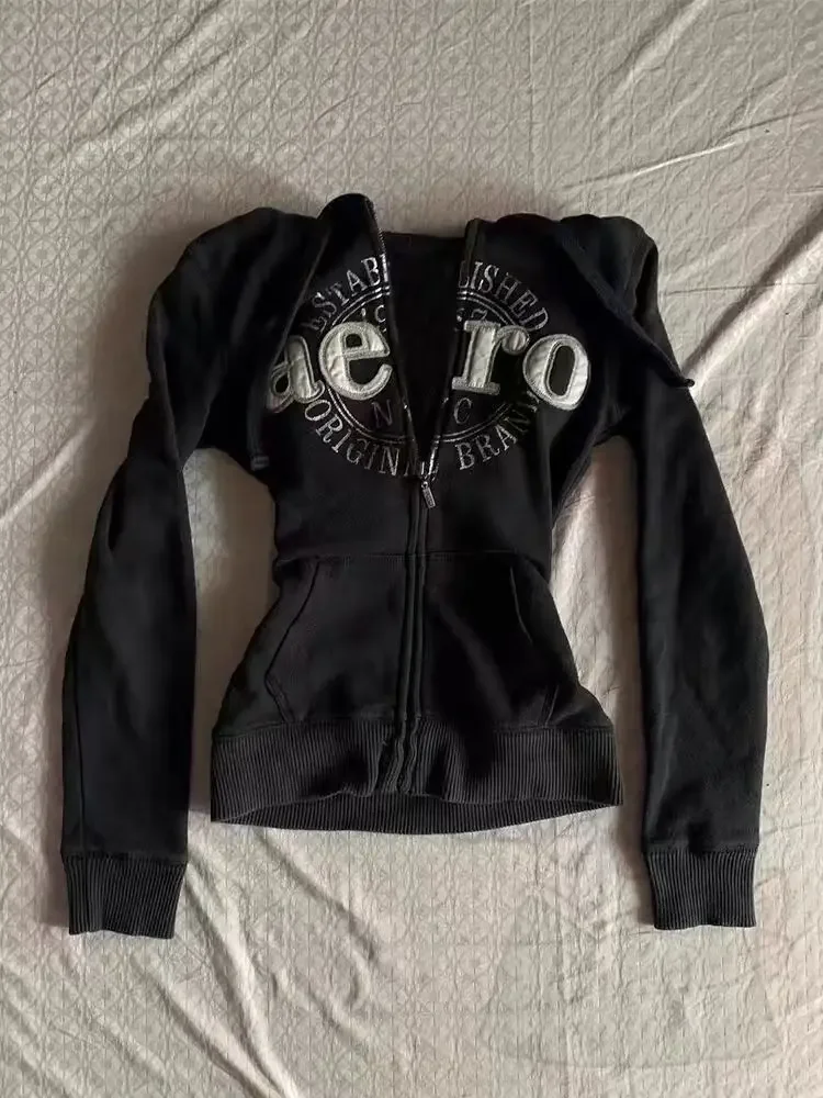 Chaqueta retro americana, sudaderas con capucha negras de diseño vintage para mujer, Sudadera con capucha informal para mujer, tops y2k de otoño,