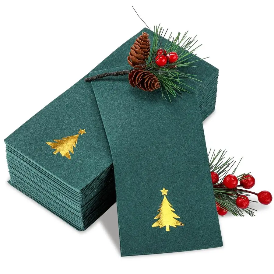 

100 Pcs Christmas Tree Disposable Linen Guest Napkins Foil Stamped Xmas Paper Napkins Christmas Paper Hand Towels for Lunch Dinn