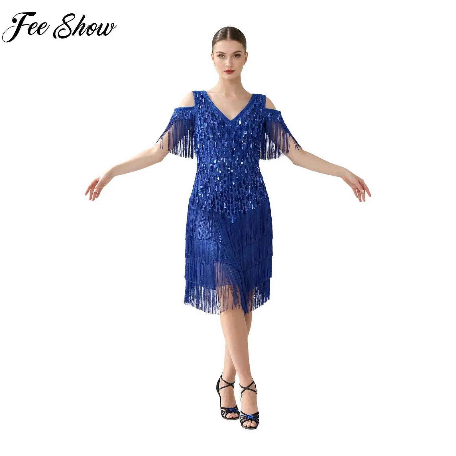 Women Cold Shoulder Latin Rumba Dance Dress Sequin Fringe V Neck Tassel Dresses for Modern Salsa Tango Dance Stage Competition