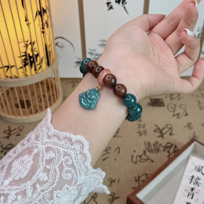 Natural Blue Jadeite Round Bead Women, Ancient , New Style Jade Double-Loop Bracelet