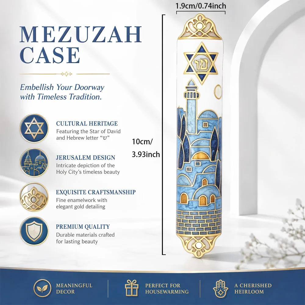 Upgrade Enamel Mezuzah with Scroll for Door, Metallic Gold Embossed Design