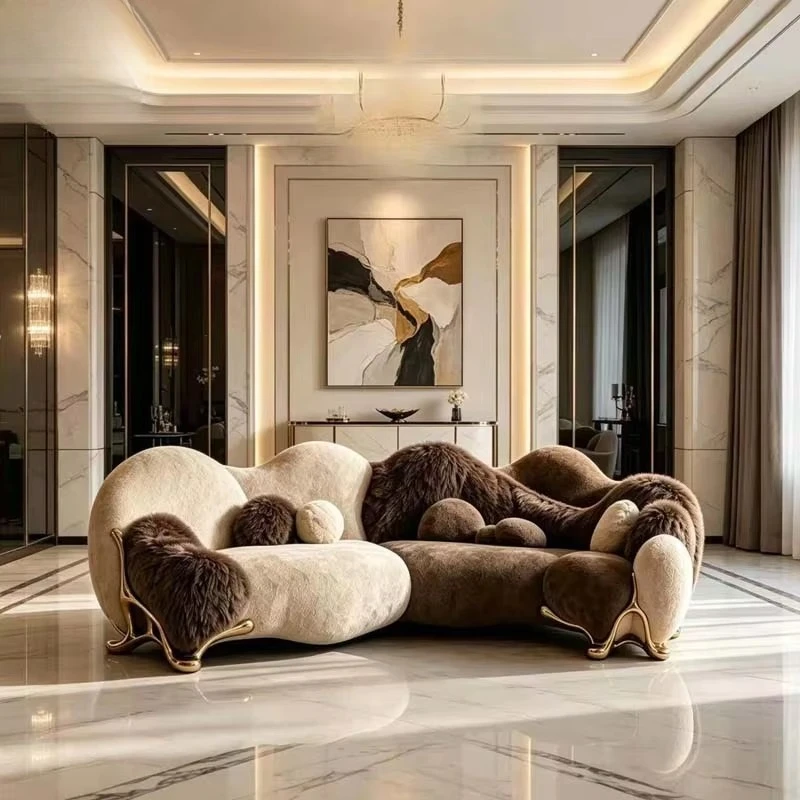 Modern Organic Fluffy Plush Fur Sofa Irregular Curved Cloud Sofa Luxury Gold Leg Soft Furry Couch for Living Room Furniture