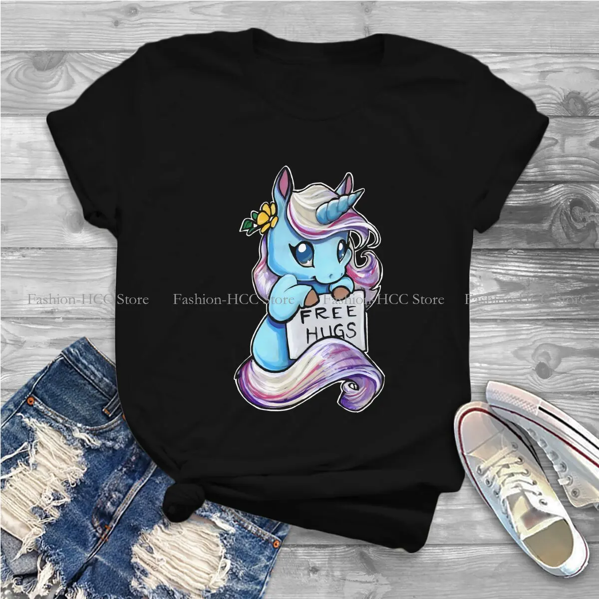 Unicorn Cute Polyester TShirts Free Hugs Emotional Support Print Women's T Shirt Funny Tops